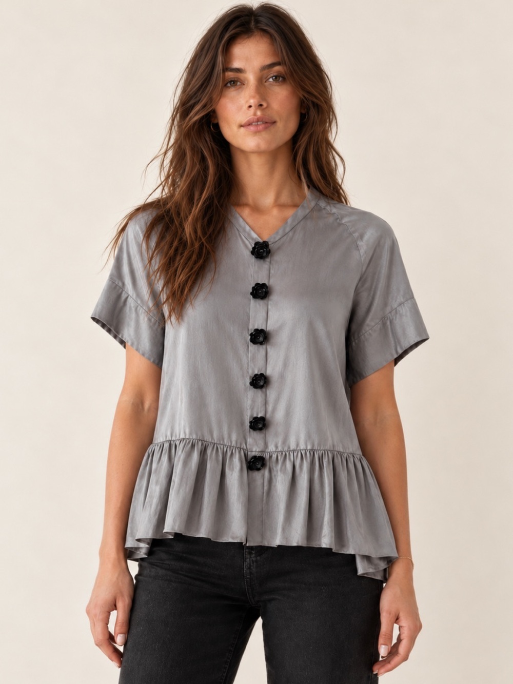 Thien Le Silk Peplum Blouse Gray Black Floral Buttons Avant Garde Designer Top S